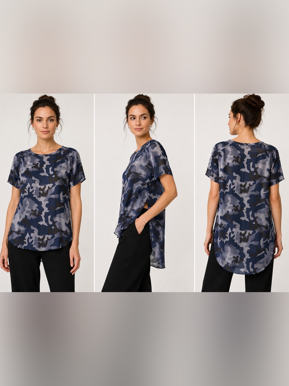 Acrobat 100% Silk Camo Print High Low Side Slit Blouse Women’s L Raglan